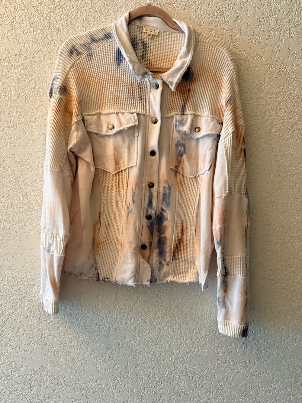 POL Tie-Dye Waffle Knit Women’s Long Sleeve Boho Button up Shacket Size Medium